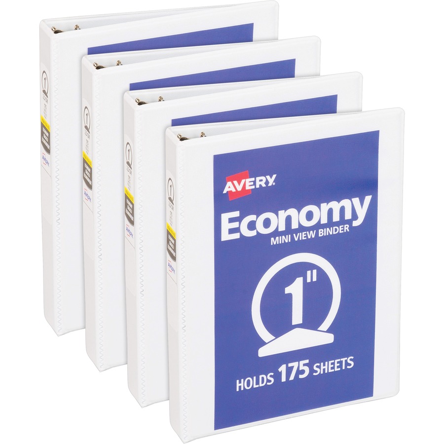 Avery® Economy View Binder - 1" Binder Capacity - Statement - 5 1/2" x 8 1/2" Sheet Size - 175 Sheet Capacity - 3 x Round Ring Fastener(s) - 2 Internal Pocket(s) - Vinyl, Chipboard - White - Sturdy, Exposed Rivet, Non Locking Mechanism, Clear Overlay - 4 / Bundle
