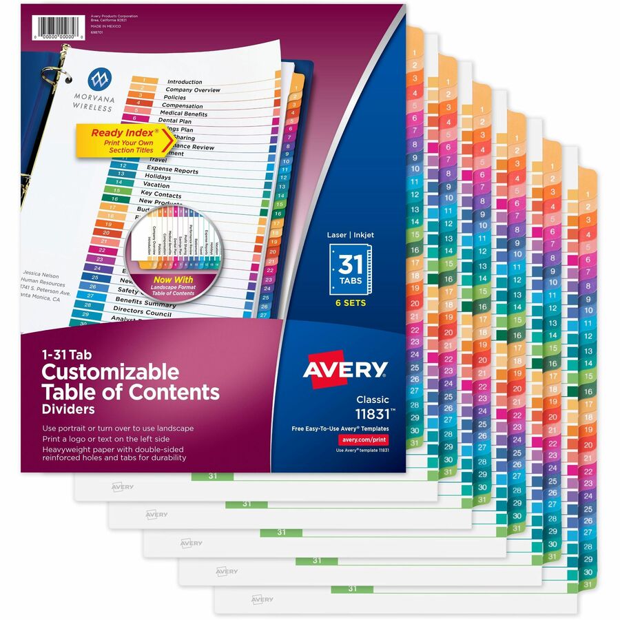 Avery® Ready Index 31 Tab Dividers, Customizable TOC, 6 Sets - 186 x Divider(s) - 1-31, Table of Contents - 31 Tab(s)/Set - 8.5" Divider Width x 11" Divider Length - 3 Hole Punched - White Paper Divider - Multicolor Paper Tab(s) - 6 / Pack