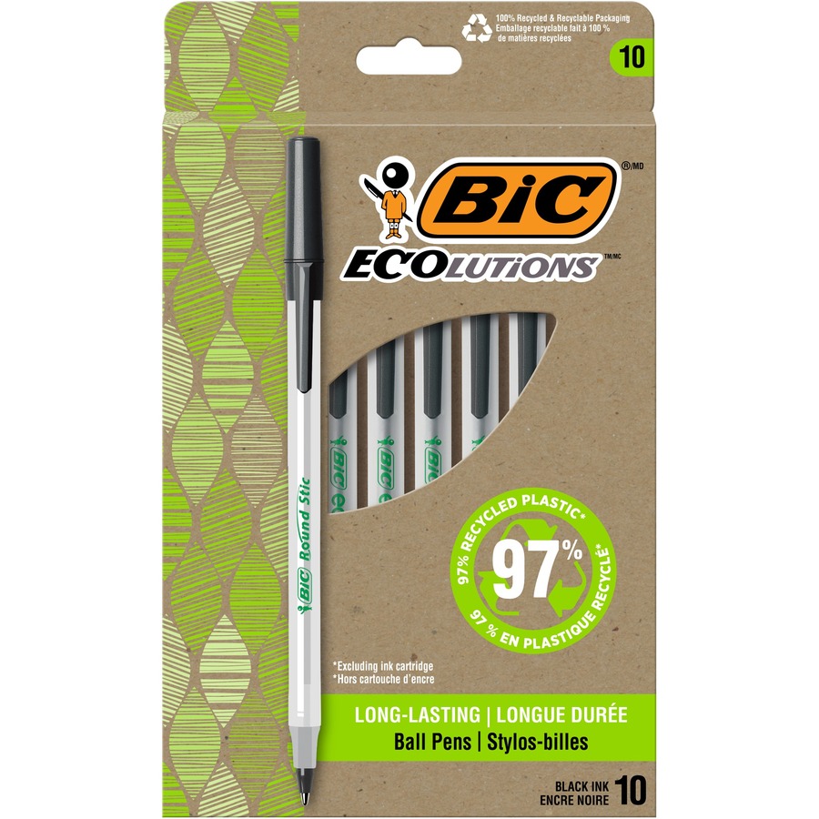 BIC Ecolutions Round Stic Ball Point Pen - Medium Pen Point - 1 mm Pen Point Size - Black - Semi-transparent Barrel - 10 / Dozen