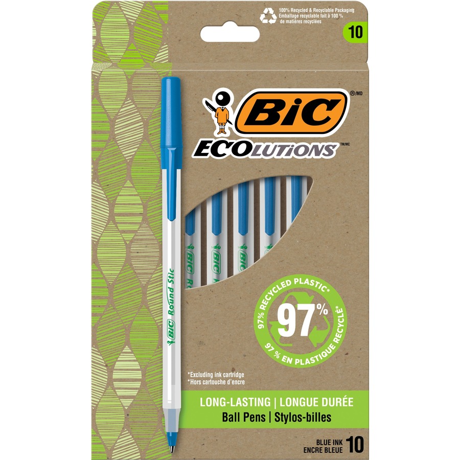 BIC Ecolutions Round Stic Ball Point Pen - Medium Pen Point - 1 mm Pen Point Size - Blue - Semi-transparent Barrel - 10 / Dozen