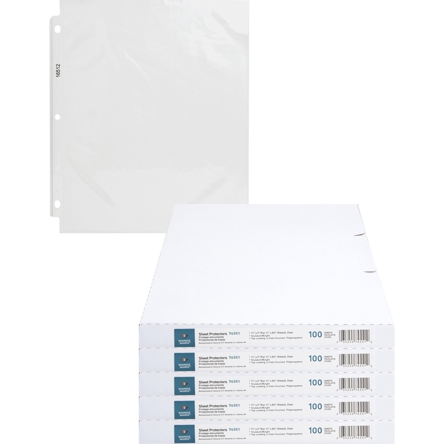 Business Source Poly Sheet Protectors - 11" Height x 9" Width - For Letter 8 1/2" x 11" Sheet - 3 x Holes - Ring Binder - Top Loading - Rectangular - Clear - Polypropylene - 500 / Carton