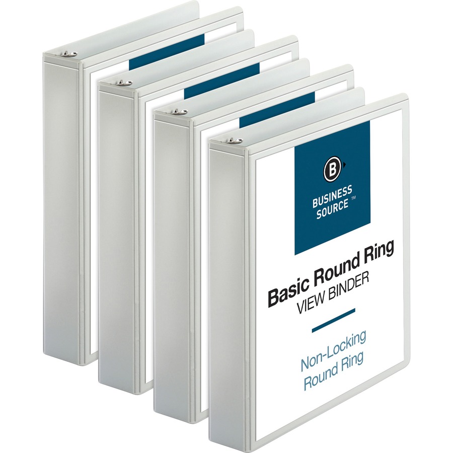 Business Source Round Ring View Binder - 1 1/2" Binder Capacity - Letter - 8 1/2" x 11" Sheet Size - 350 Sheet Capacity - Round Ring Fastener(s) - 2 Internal Pocket(s) - Chipboard, Polypropylene - White - Wrinkle-free, Gap-free Ring, Clear Overlay, Non Locking Mechanism, Sturdy, Non-glare, Durable - 4 / Bundle