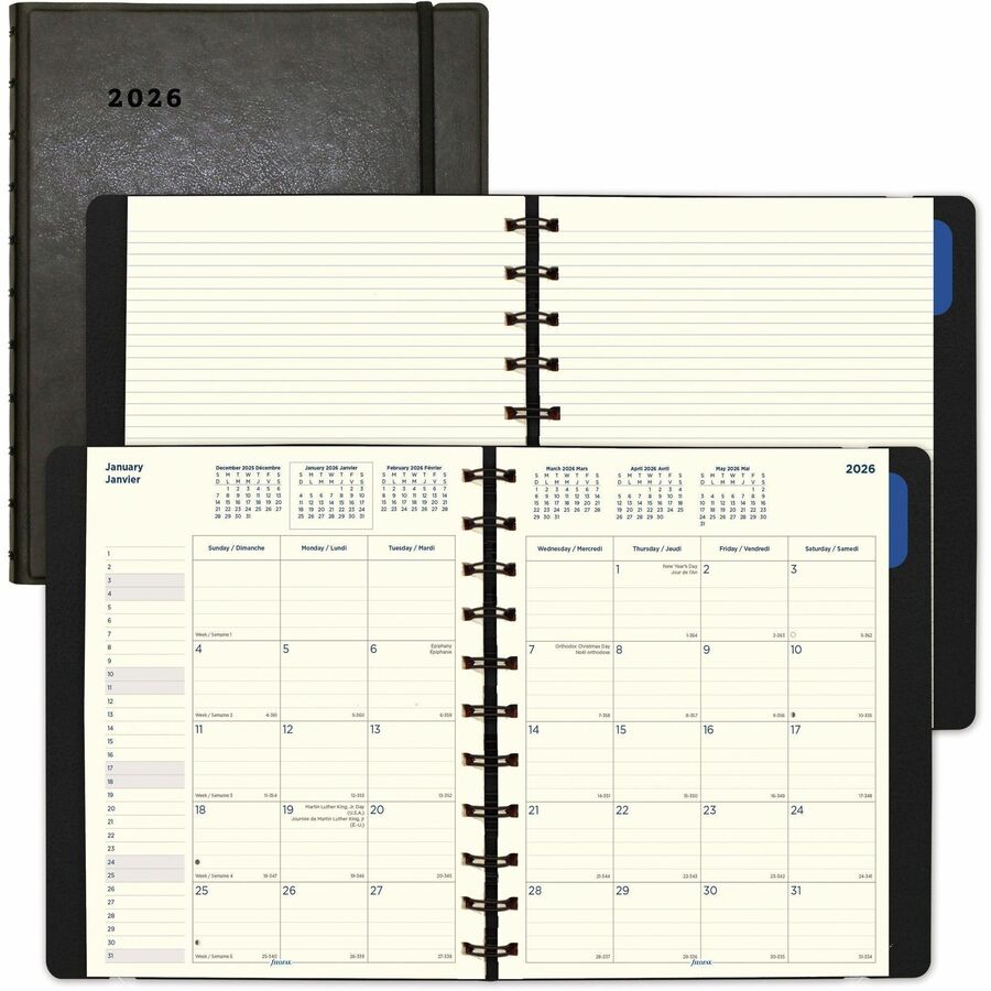 Filofax 17-Month Monthly Planner - Julian Dates - Monthly - 17 Month - August 2023 - December 2024 - 1 Month Double Page Layout - 8 1/2" x 10 7/8" Cream Sheet - Twin Wire - Elastic - Leather - Black - Elastic Closure, Pocket, Notes Area, Heavy Duty - 1 Each
