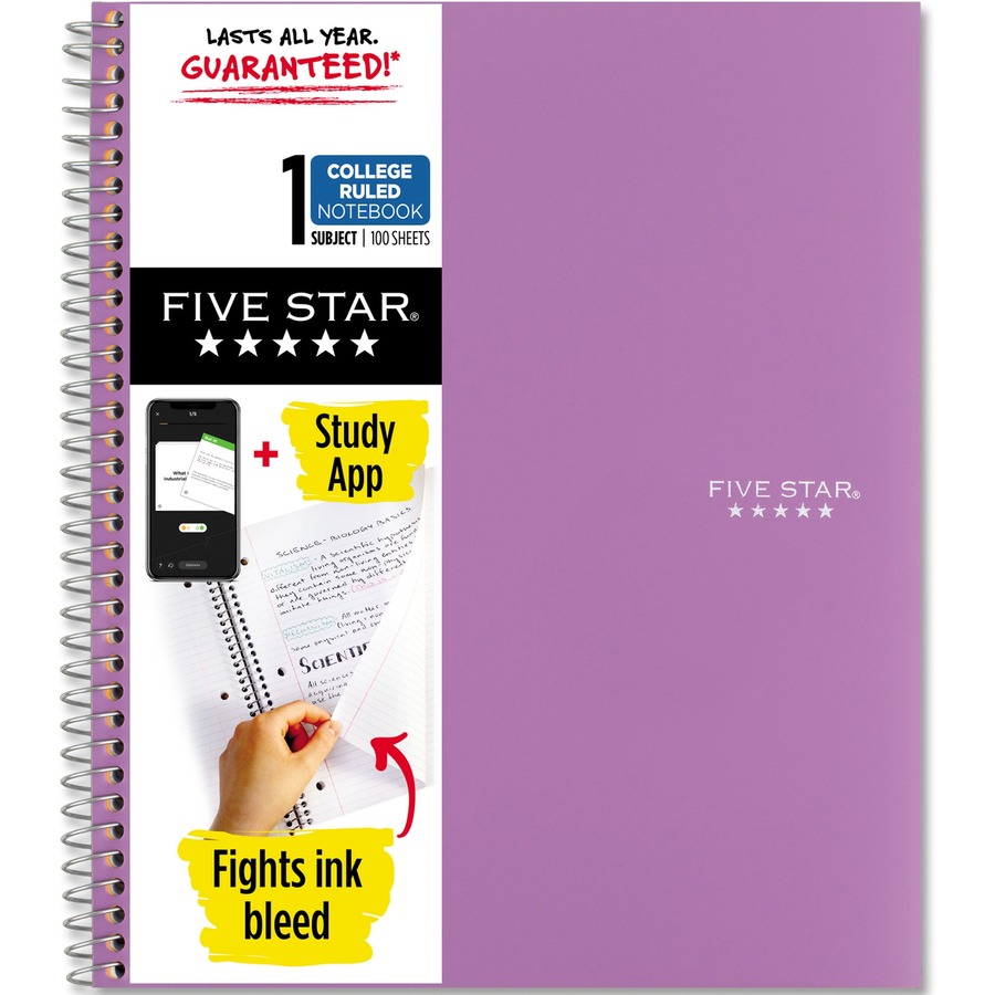 Five Star Wirebound Notebook - 1 Subject(s) - 100 Pages - Wire Bound - College Ruled - Letter - 8 1/2" x 11" - Purple Cover - Double Sided Sheet, Durable, Water Resistant, Wear Resistant, Tear Proof, Spill Resistant, Pocket, Opaque - 1 Each