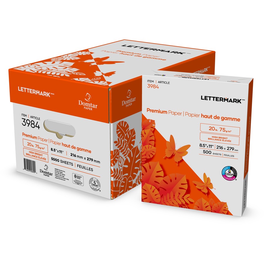 Lettermark Premium Paper Multipurpose - White - 96 Brightness - Letter - 8 1/2" x 11" - 20 lb Basis Weight - 75 g/m Grammage - 5000 / Carton - SFI - ColorLok Technology, Jam-free, Acid-free, Elemental Chlorine-free