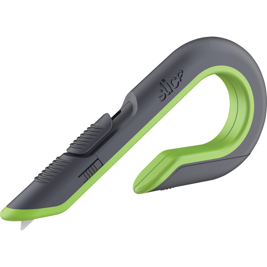 Slice Auto Retract Box Cutter - Ceramic Blade - Retractable, Non-sparking, Non-conductive, Ambidextrous, Ergonomic Design, J-hook Handle, Rust-free Blade - Acrylonitrile Butadiene Styrene (ABS), Stainless Steel, Carbon Steel, Zirconia, Plastic, Glass-filled Nylon, Polyoxymethylene (POM) - Gray, Green - 6.7" Length - 1 Each
