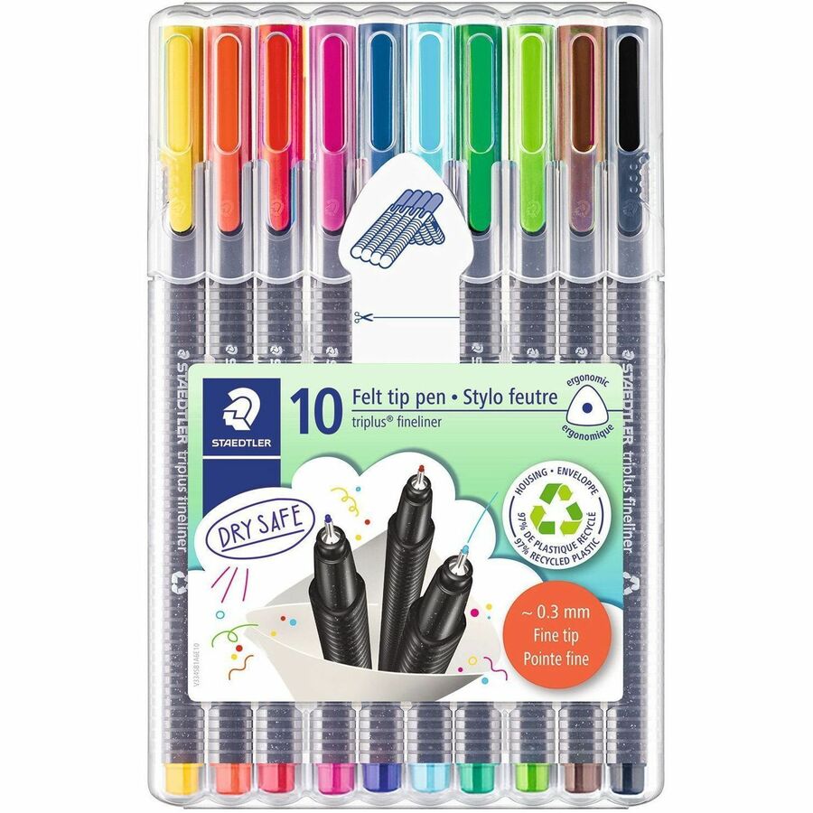 Staedtler Triplus Fineliner 10-piece Porous Point Pens - Fine Pen Point - 0.3 mm Pen Point SizeWater Based Ink - 1 / Set