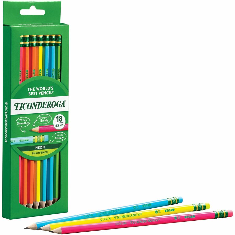 Ticonderoga Bright Neon No. 2 Pencils - #2 Lead - Black Lead - Neon Barrel - 18 / Box