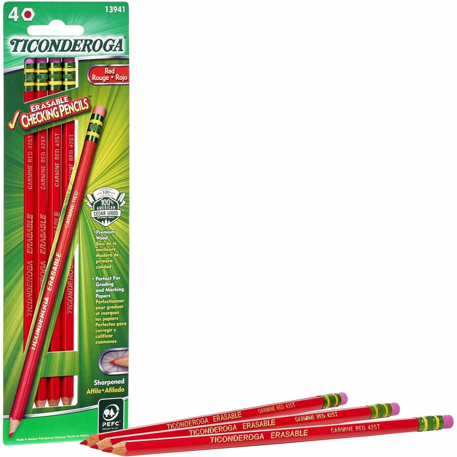 Ticonderoga Erasable Cheking Pencils - Carmine Red Lead - Carmine Red Barrel - 4 / Box