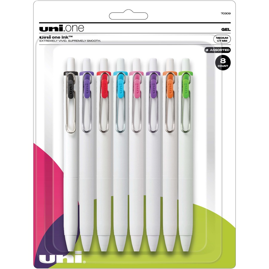 uniball™ UB One Gel Pens - Medium Pen Point - 0.7 mm Pen Point Size - Retractable - Assorted Pigment-based, Gel-based Ink - White Barrel - 8 / Pack