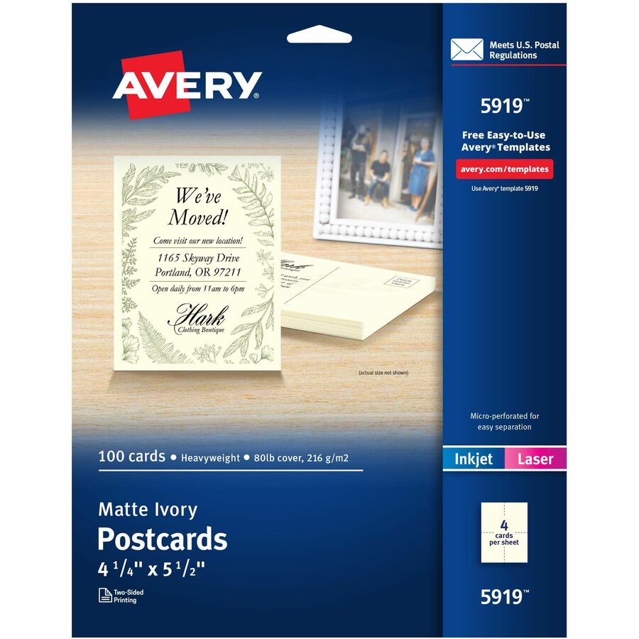 Avery® Postcards, Ivory, Two-Sided, 4-1/4" x 5-1/2" , 100 Cards (5919) - 79 Brightness4 1/4" x 5 1/2" - Matte - 100 / Box - FSC Mix - Rounded Corner, Sturdy, Double-sided, Printable, Uncoated, Perforated