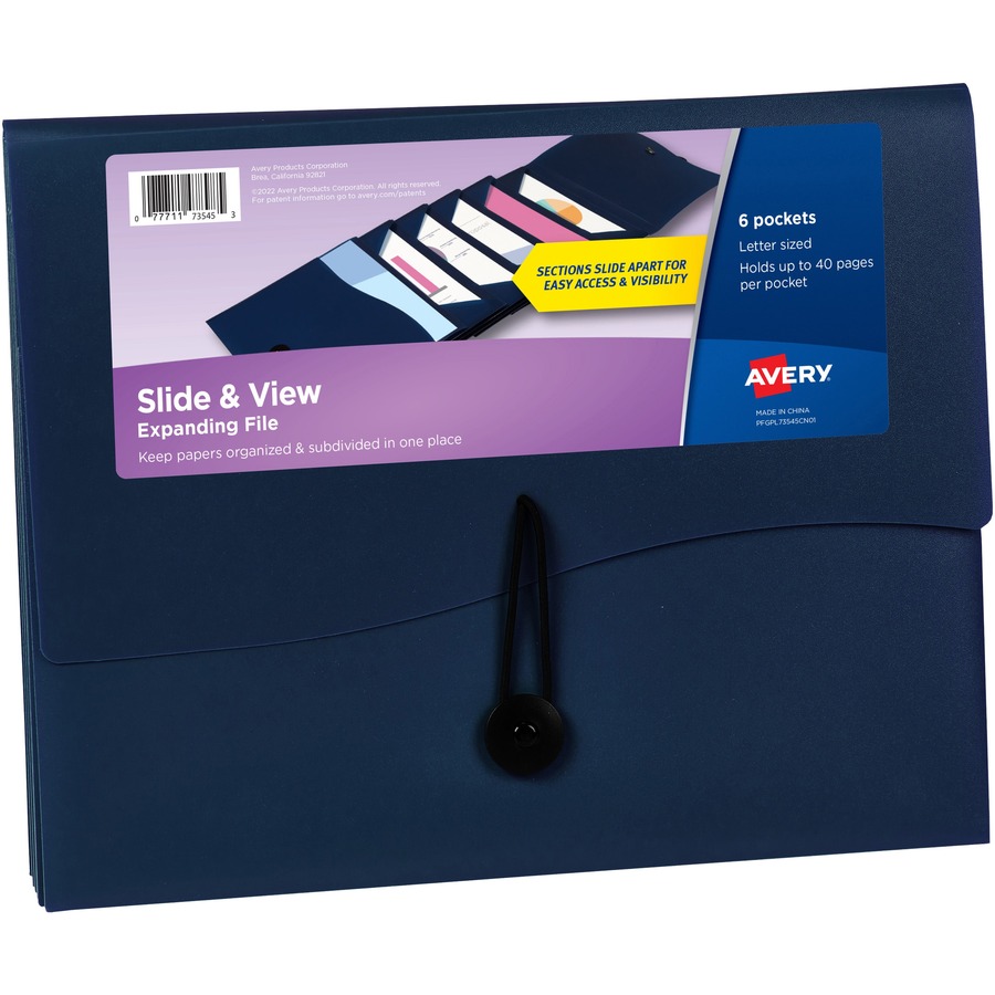 Avery® Slide & View Letter Organizer Folder - 8 1/2" x 11" - 40 Sheet Capacity - 6 Pocket(s) - Plastic, Poly - Navy - 1 Each