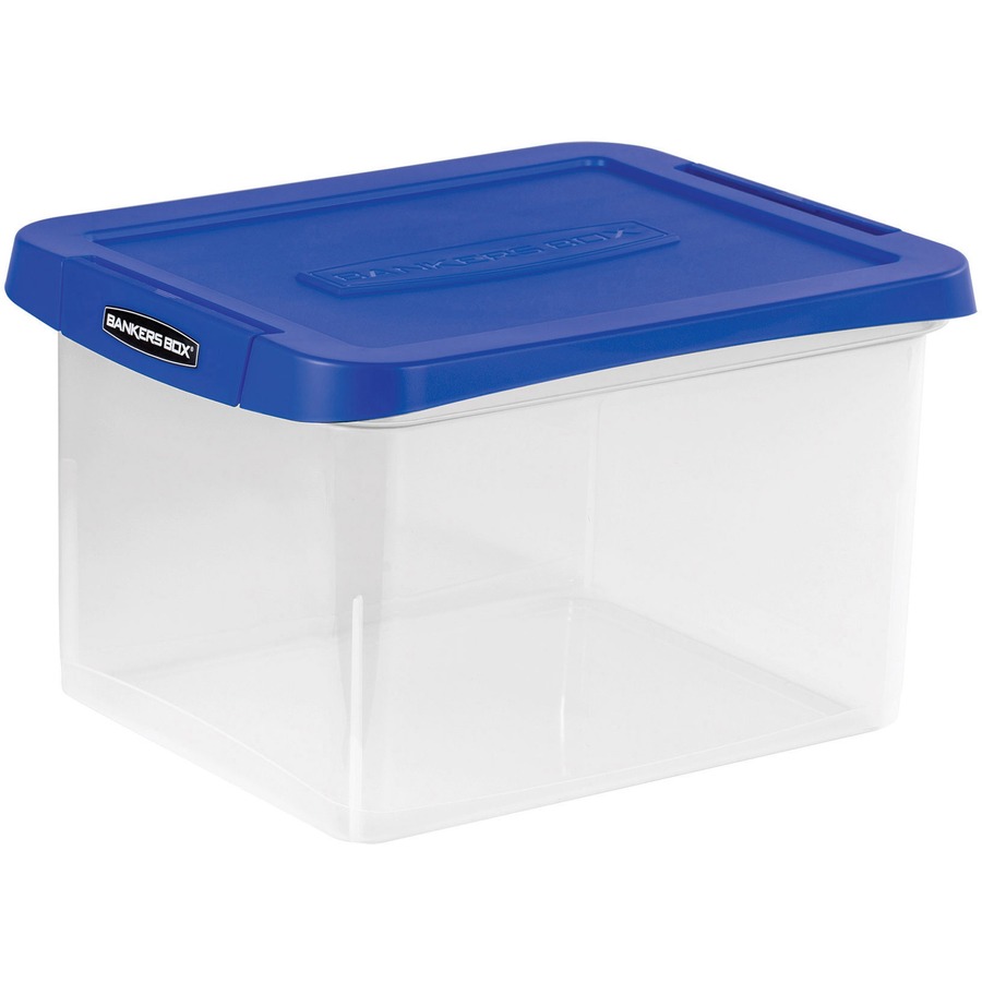 Bankers Box® Heavy Duty Ltr/Lgl Plastic File Box - Internal Dimensions: 10.38" Width x 11.75" Depth x 14.50" Height - External Dimensions: 14.2" Width x 17.4" Depth x 10.6" Height - Media Size Supported: Letter, Legal - x File - Lid Lock Closure - Stackable - Plastic, Polypropylene - Clear, Blue - For File - 1 Each - TAA Compliant