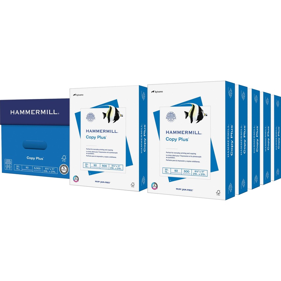 Hammermill Copy Plus Paper - White - 92 Brightness - Letter - 8 1/2" x 11" - 20 lb Basis Weight - 10 / Carton - FSC - Acid-free, Quick Drying