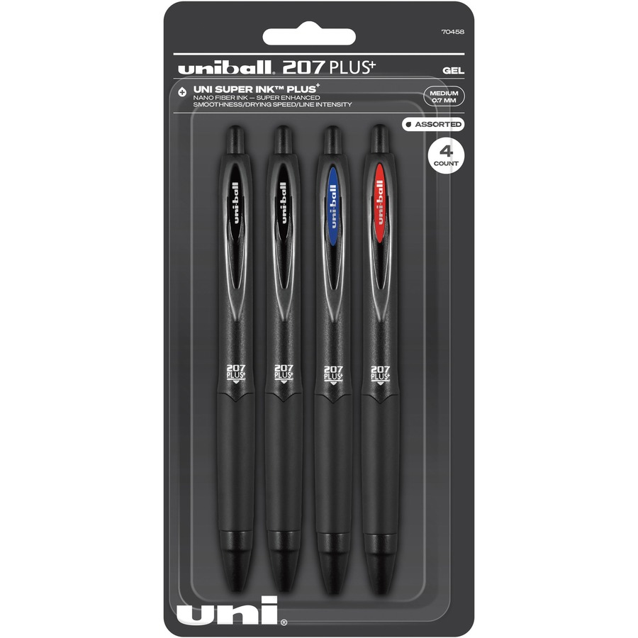 uniball™ 207 Plus  Gel Pen - Medium Pen Point - 0.7 mm Pen Point Size - Retractable - Assorted Gel-based, Nanofiber Ink Ink - Black Metal Barrel - 4 / Pack