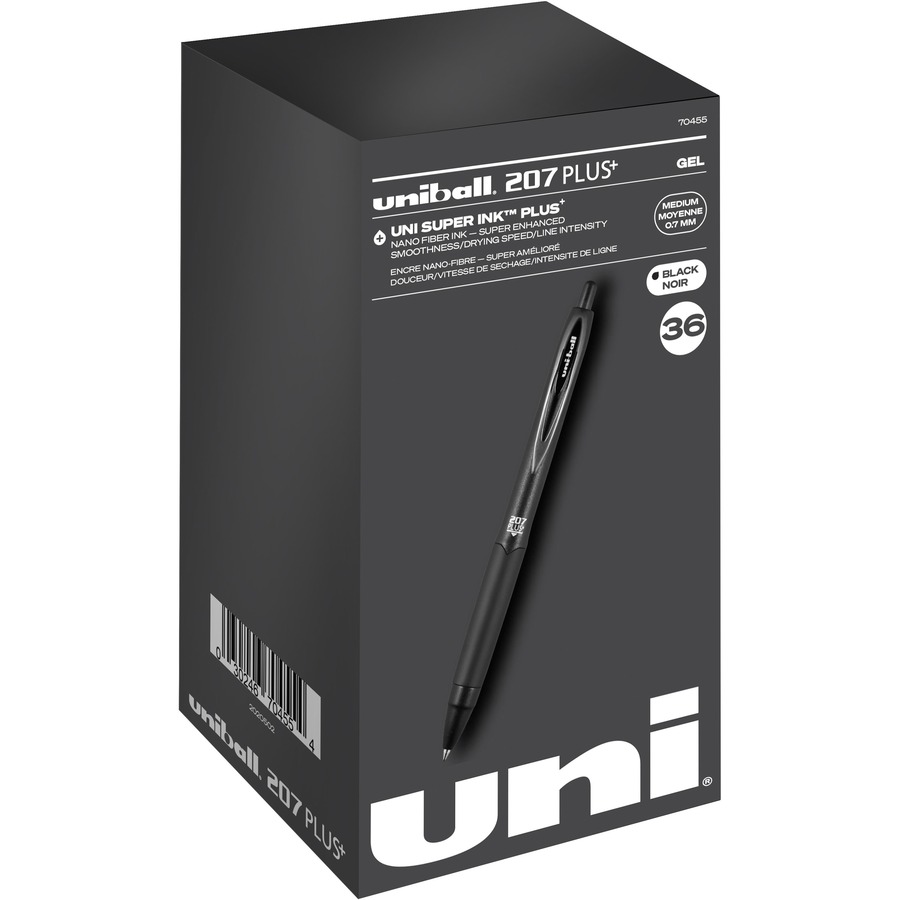 uniball™ 207 Plus  Gel Pen - Medium Pen Point - 0.7 mm Pen Point Size - Retractable - Black Gel-based, Nanofiber Ink Ink - Black Metal Barrel - 36 / Box