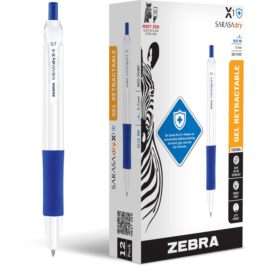 Zebra SARASA dry X1  Retractable Gel Pen - Medium Pen Point - 0.7 mm Pen Point Size - Refillable - Retractable - Blue Gel-based, Dry Ink - White Plastic Barrel - 12 / Dozen