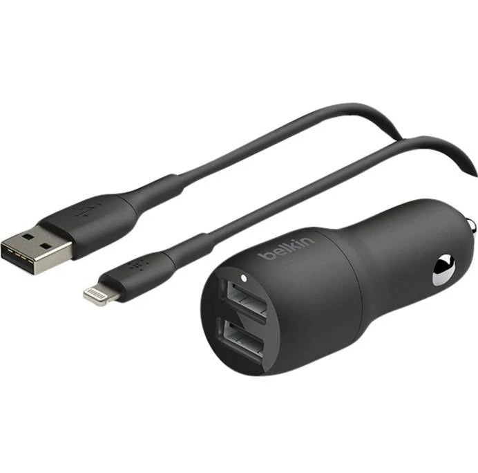 Belkin BoostCharge Dual USB-A Car Charger 24W   Lightning to USB-A Cable(1M) - Black(CCD001bt1MBK),2xUSB-A(12W),Dual Port Fast & Compact Charger,2YR