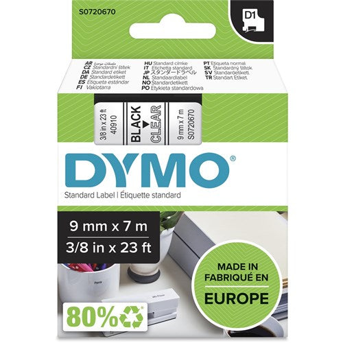 Dymo D1 Label Cassette Tape 9mmx7m Black on Clear