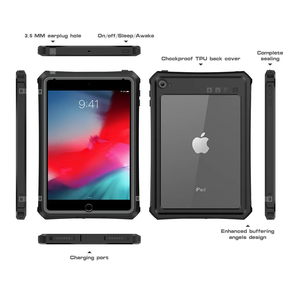 Generic Apple iPad Mini (7.9') (5th/4th Gen) WaterProof Case Black - Support Smart Control Keyboard, 360 Rotation, DustProof, SnowProof, IP68