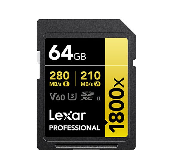 Lexar Professional 1800x 64G SDXC UHS-II Card GOLD Series  speeds up to 280MB/s read1 quickly capture and transfer high-quality photos and stunning F
