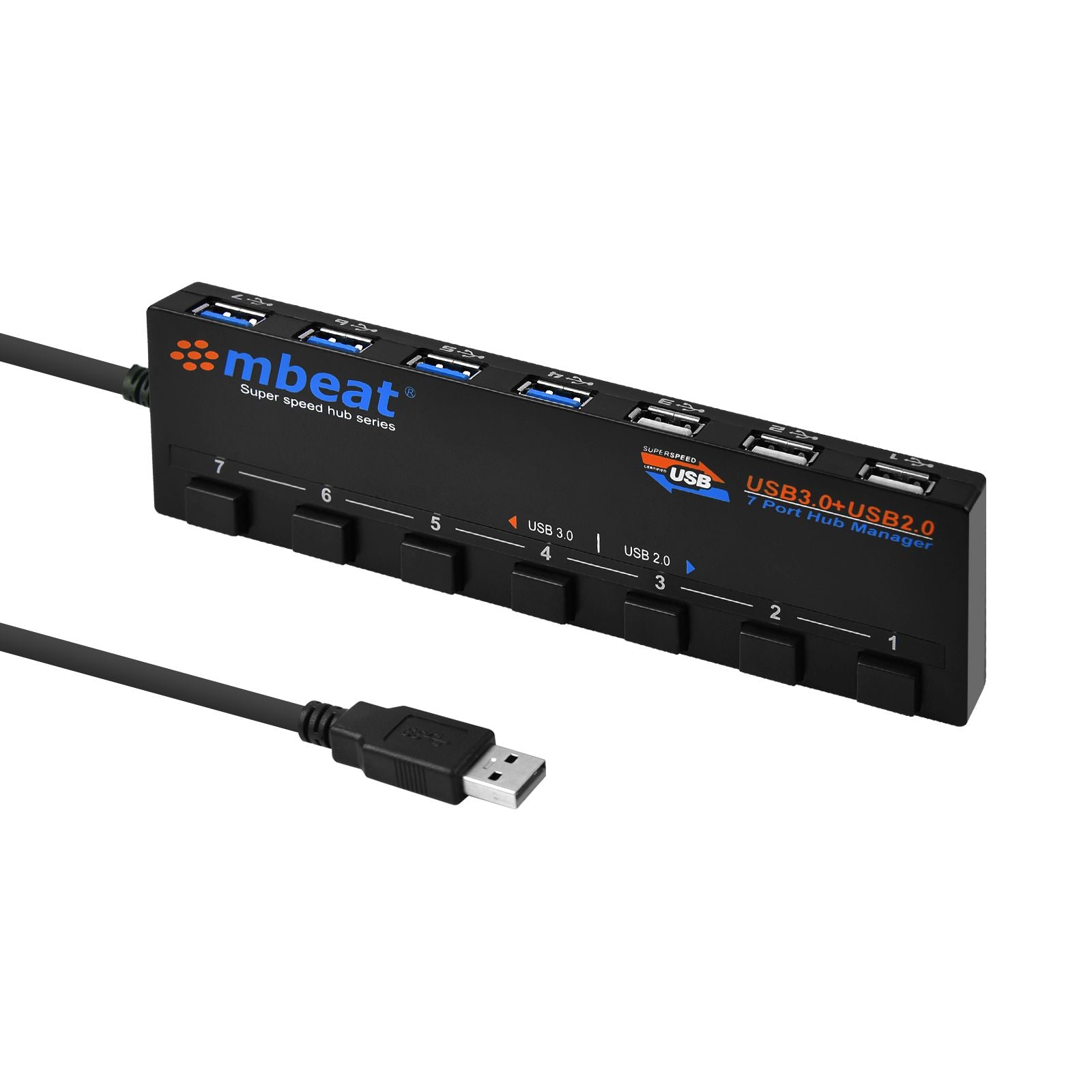 mbeat 7-Port USB 3.0 & USB 2.0 Powered Hub Manager with Switches - 4x USB 3.0 with 5Gbps/3x USB 2.0 with 2.4Ghz(480Mbps)/Super Fast Hub Weight: 129g