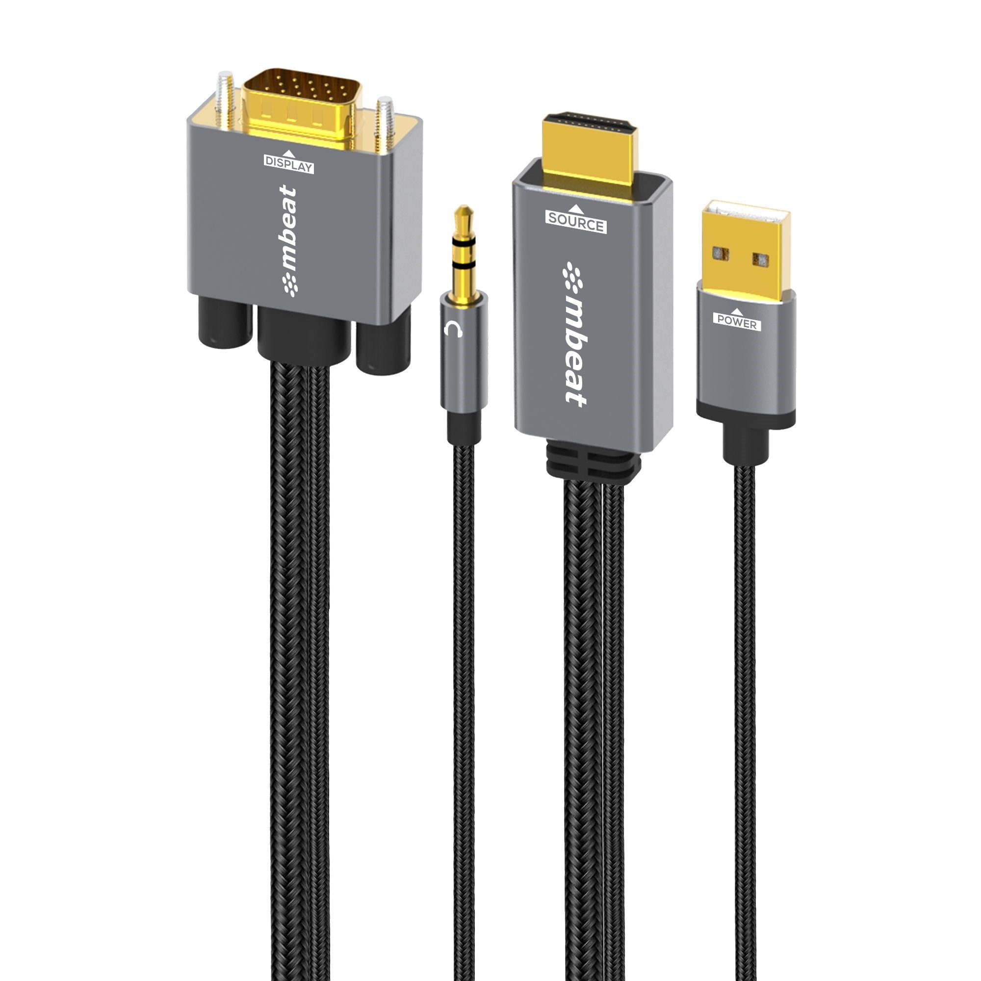 mbeat Tough Link 1.8m HDMI to VGA Cable with USB Power & 3.5mm Audio Up to 1080p@60Hz (19201080) HDMI (Male)1; USB-A (Connect to Power)1