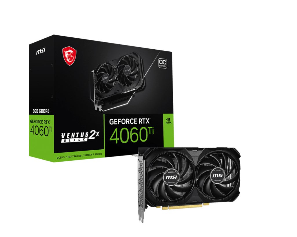 MSI nVidia GeForce RTX 4060 Ti 8G VENTUS 2X BLACK E1 OC Video Card  2580 MHz Boost Clock, 8GB GDDR6,DisplayPort x 3 (v1.4a),HDMI x 1