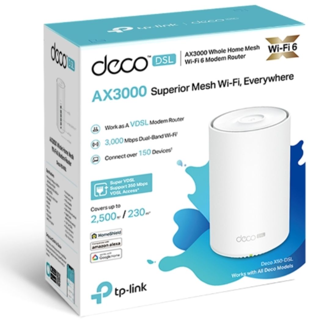 TP-Link Deco X50-DSL(1-pack) AX3000 VDSL Whole Home Mesh WiFi 6 Router, 574 Mbps at 2.4 GHz   2402 Mbps at 5 GHz, VDSL Profile 35b 350/60 Mbps