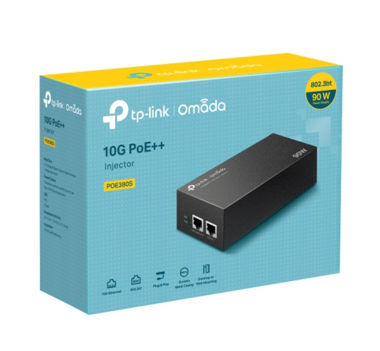 TP-Link POE380S Omada 10G PoE   Injector PORT: 1 10Gbps PoE Port, 1 10Gbps Non-PoE Port, SPEC: 802.3bt/at/af Compliant, 90 W PoE Power, Data and Pow