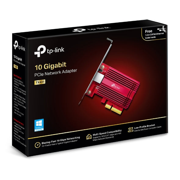 TP-Link TX401 10G 10 Gigabit PCI Express Network Adapter Low-Profile & Full-Height Brackets 1 PCI Express 3.0 x4, 1 RJ45 Gigabit/Megabit Port (NIC)