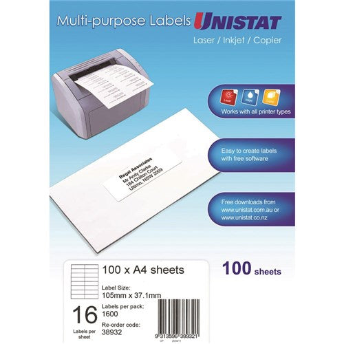 Unistat Laser Copier & Inkjet Labels 105x37mm 16UP 1600 Labels 100 Sheets