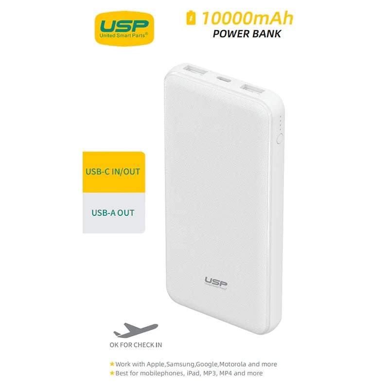 USP 10K mAh Power Bank (37W) with Triple Ports (USB-C   Dual USB-A) White - LED Power Indicator,Fast & Safe,Intelligent Charging,Meet Airport Aviation