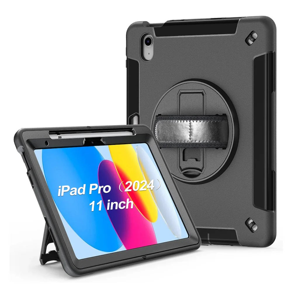 USP Rugged Apple iPad Pro M4 (11') (5th Gen) Case Black - Built-in-Kickstand, Adjustable Hand Strap, Pen Holder,DropProof, ShockProof,Raised Edges