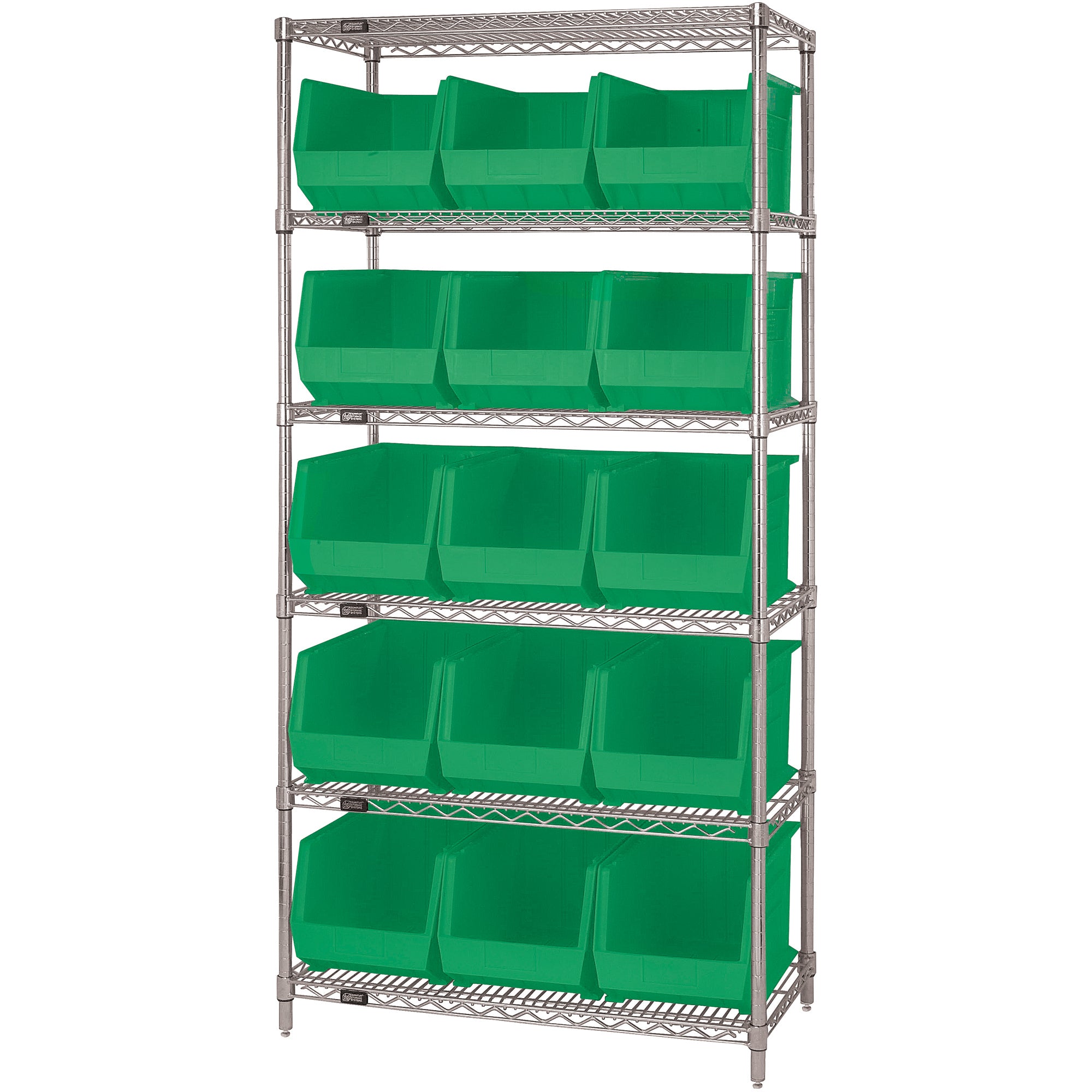 36 x 18 x 74" - 6 Shelf Wire Shelving Unit with (15) Green Bins (WSBQ260G) Each
