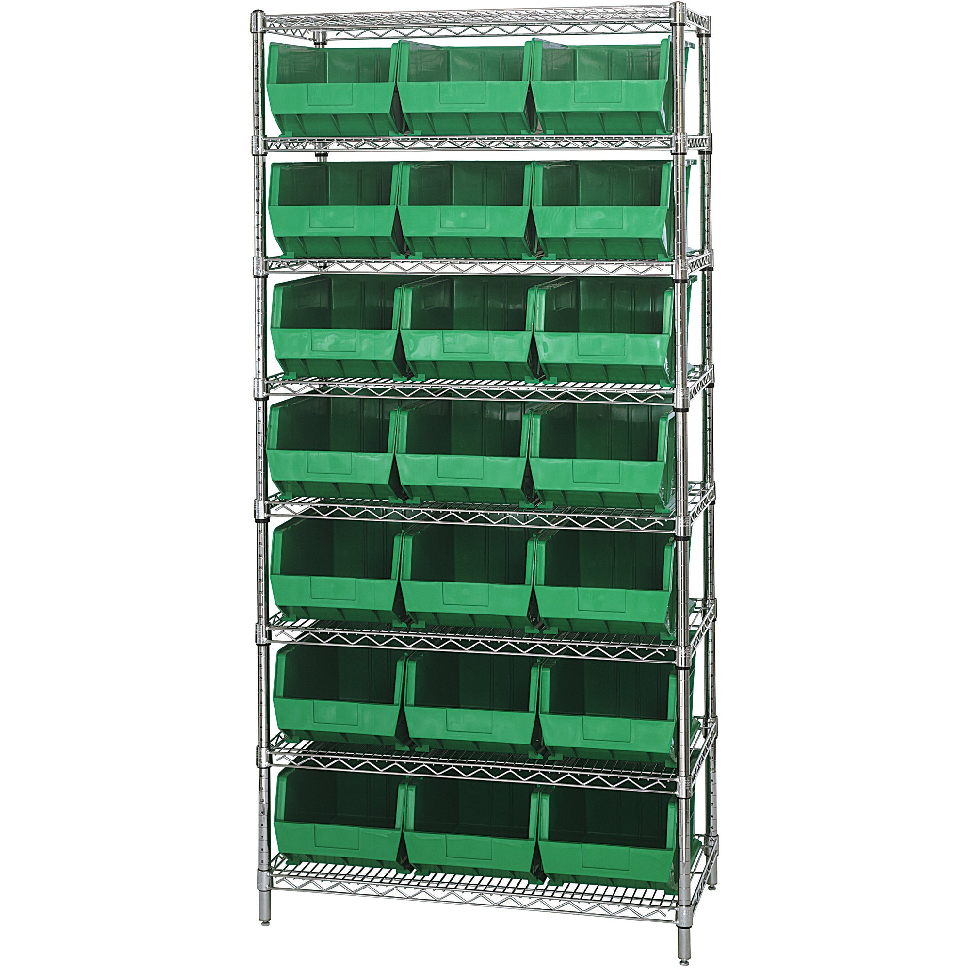 36 x 18 x 74" - 8 Shelf Wire Shelving Unit with (21) Green Bins (WSBQ225G) Each