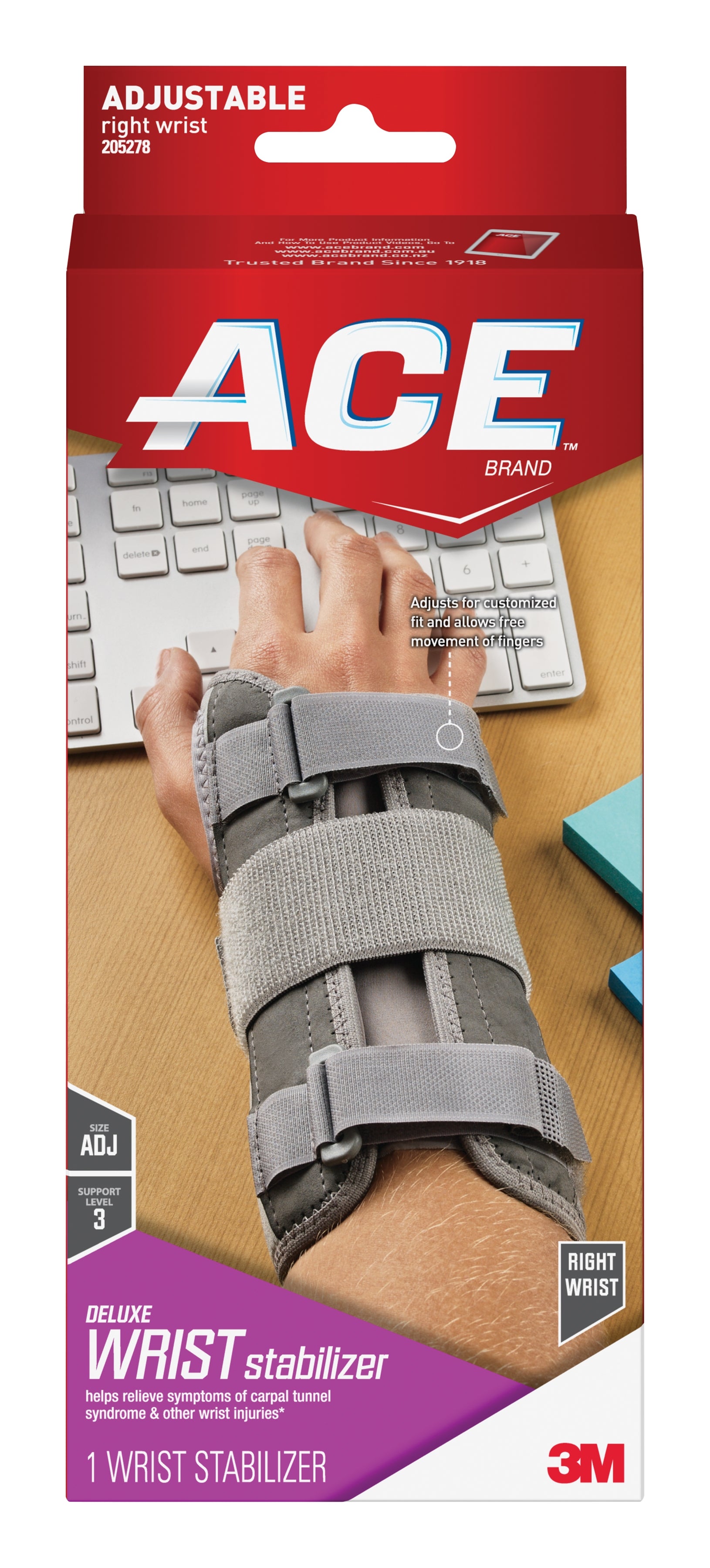 3M Ace Wrist Brace Aluminum / Nylon / Polyester / Polypropylene / Polyurethane / Spandex Right Hand Gray One Size Fits Most (1084223_EA) 1/EA