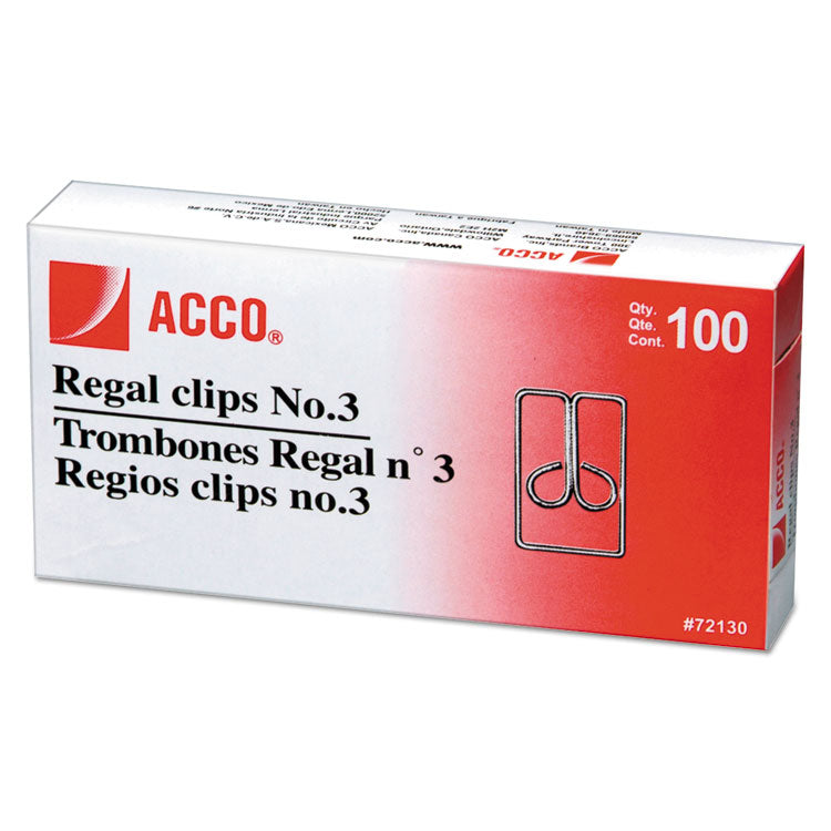 ACCO Regal Clips, #3, Smooth, Silver, 100/Box (ACC72130) Box of 100 Clips