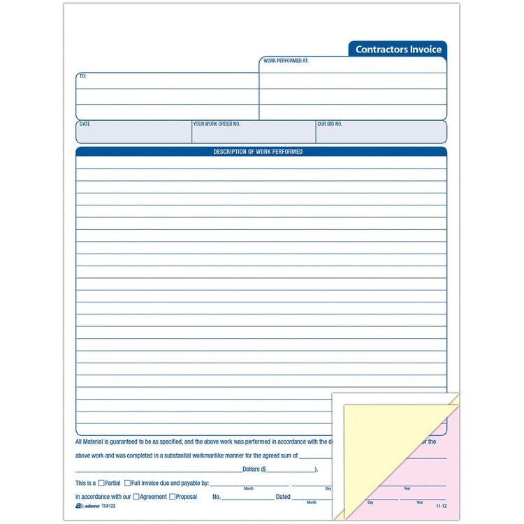 Adams Contractors Invoice, 3-Part, Crbnls, 8-3/8" x 11-7/16" 50St/BK, WE (ABFTC8122) Each