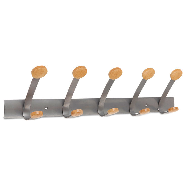 Alba Wooden Coat Hook, Five Wood Peg Wall Rack, Brown/Silver, 45 lb Capacity (ABAPMV5) Each
