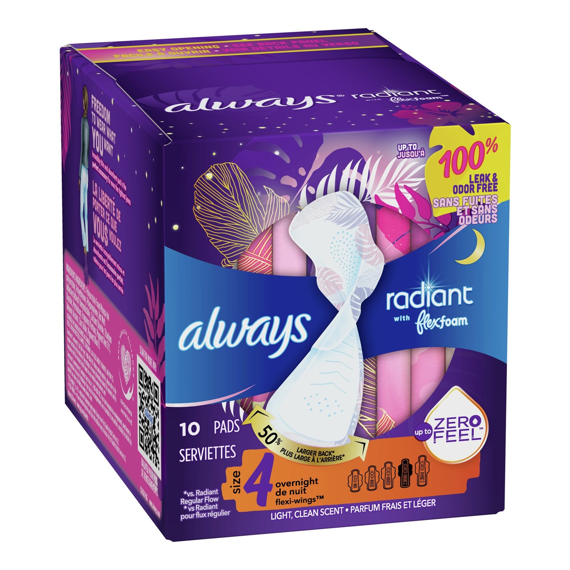 Always Radiant with FlexFoam Feminine Pad Overnight / With Wings Heavy Absorbency (1231746_BX) 10/BX