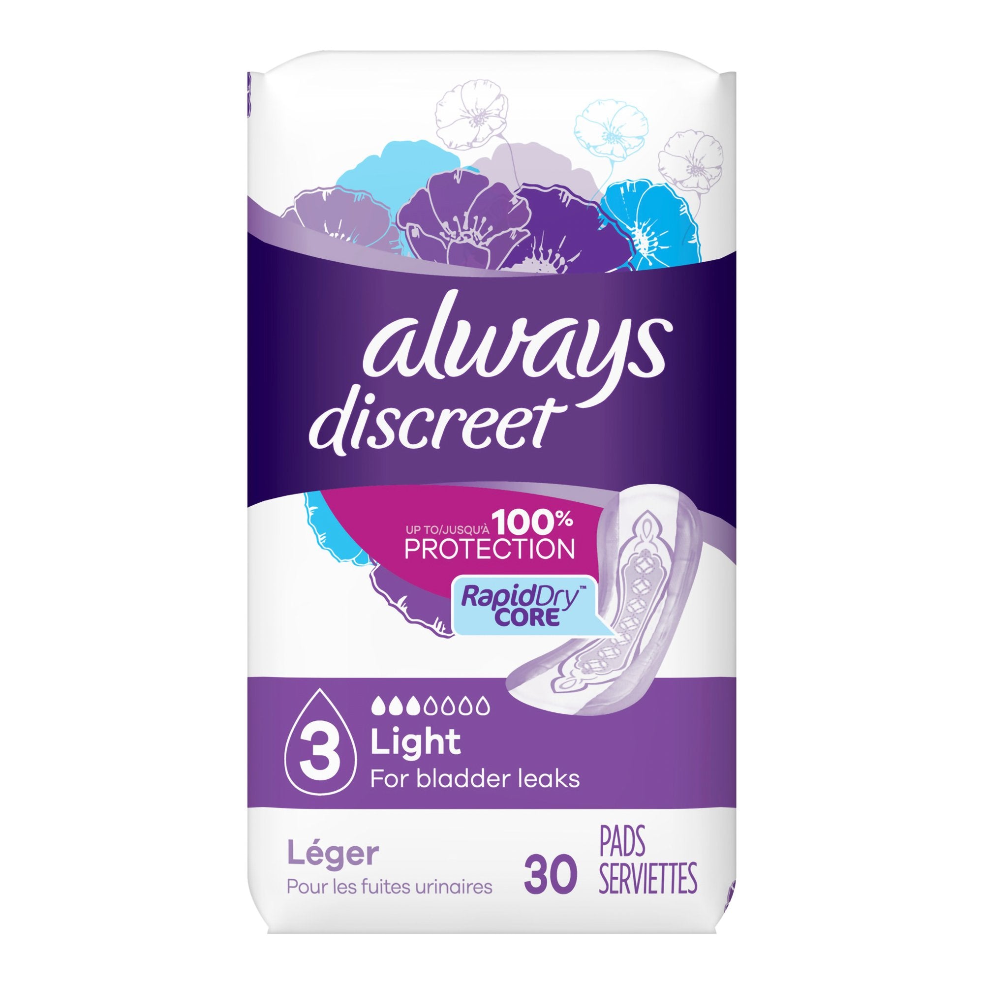 Always Discreet Bladder Control Pad 9.4 Inch Length Light Absorbency Super Absorbent Core Size 3 (928408_CS) 90/CS