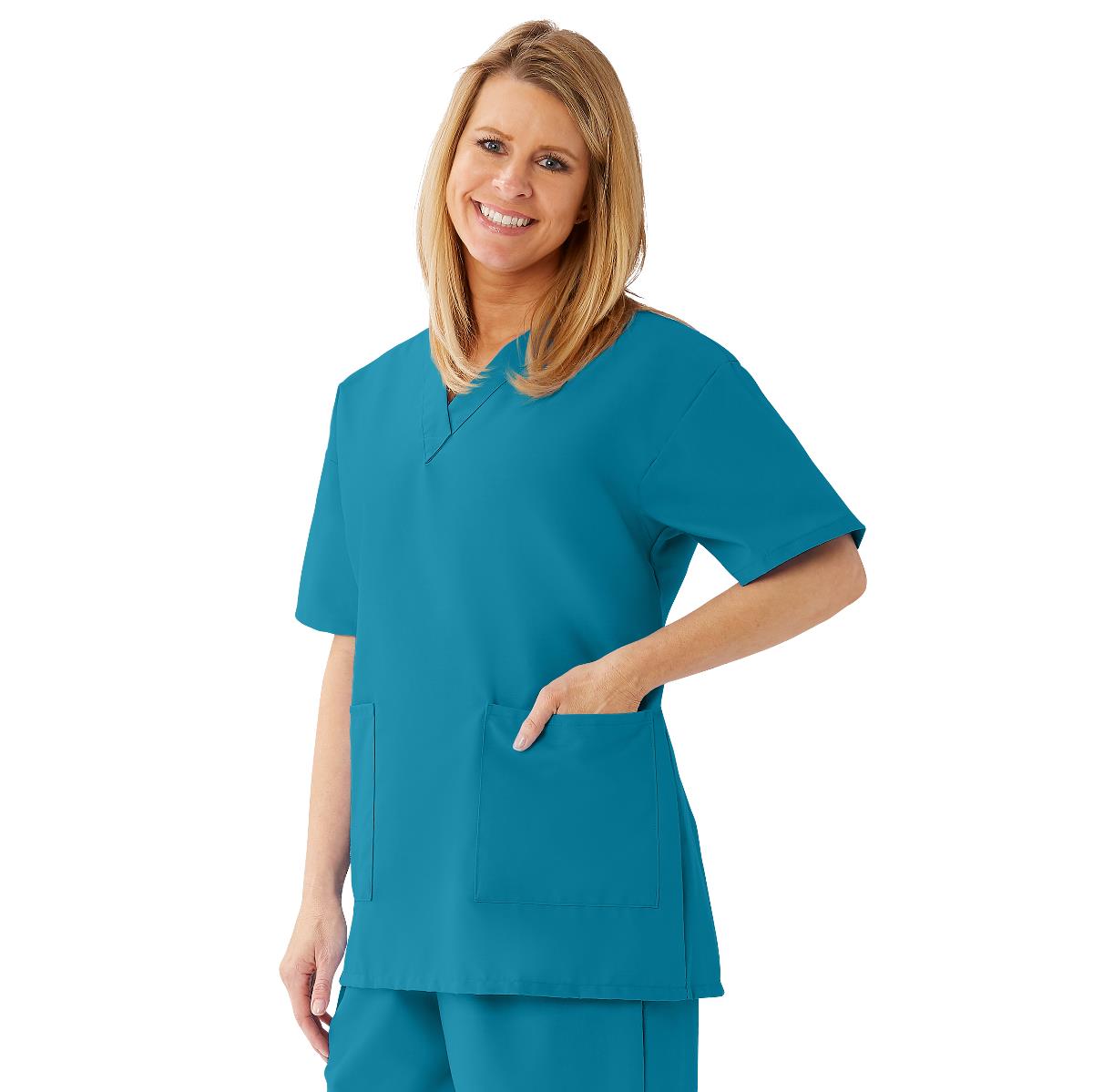 AngelStat Women's V-Neck Tunic Scrub Tops with 2 Pockets, Peacock, Size L, 1 EA (893NBTL) Each
