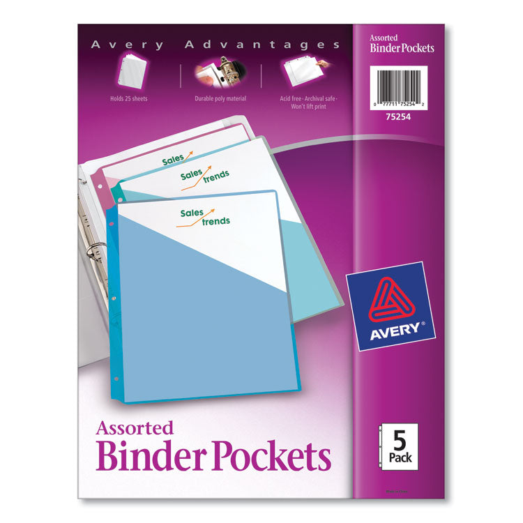 Avery Binder Pockets, 3-Hole Punched, 9.25 x 11, Assorted Colors, 5/Pack (AVE75254) 1 Case of 5