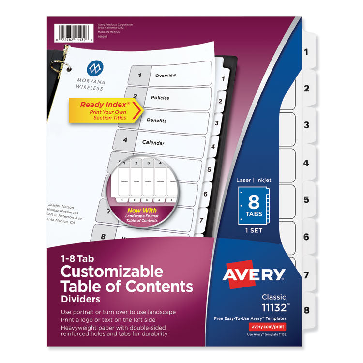 Avery Customizable TOC Ready Index Black and White Dividers, 8-Tab, 1 to 8, 11 x 8.5, 1 Set (AVE11132) Set of 8