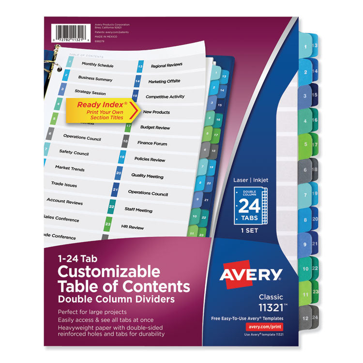 Avery Customizable TOC Ready Index Double Column Multicolor Tab Dividers, 24-Tab, 1 to 24, 11 x 8.5, White, 1 Set (AVE11321) Each