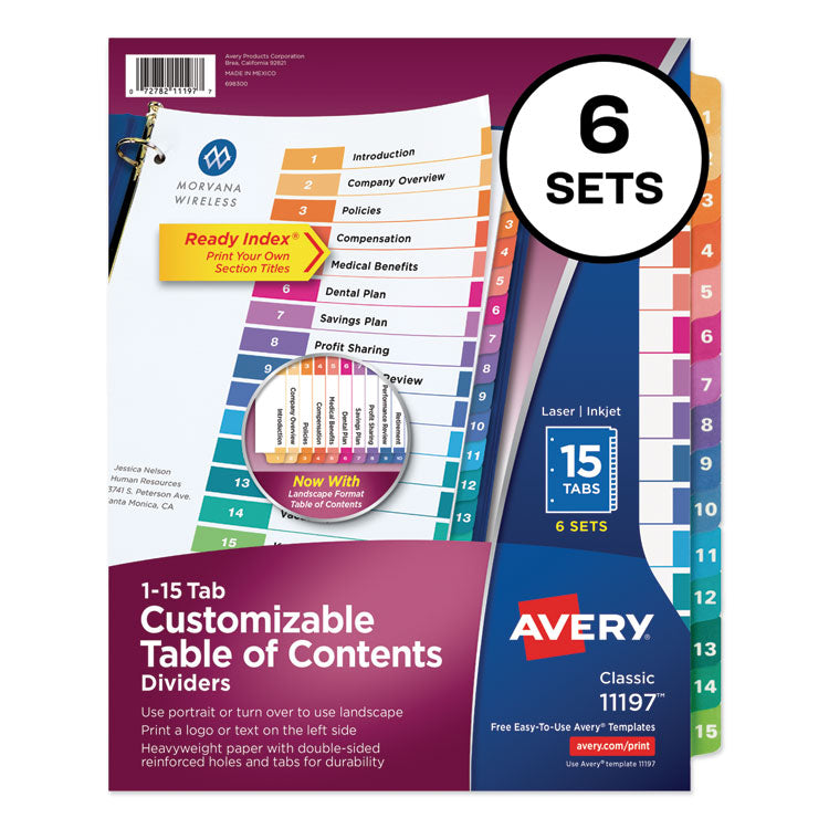 Avery Customizable TOC Ready Index Multicolor Tab Dividers, 15-Tab, 1 to 15, 11 x 8.5, White, Traditional Color Tabs, 6 Sets (AVE11197) 6 Sets of 10