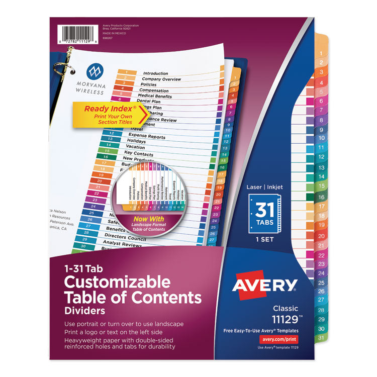 Avery Customizable TOC Ready Index Multicolor Tab Dividers, 31-Tab, 1 to 31, 11 x 8.5, White, Traditional Color Tabs, 1 Set (AVE11129) Set of 31