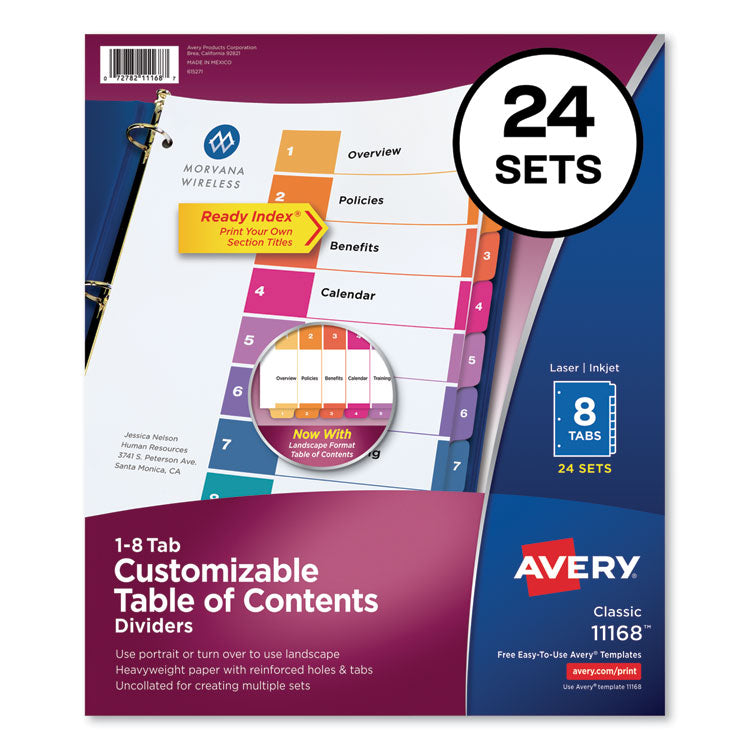 Avery Customizable TOC Ready Index Multicolor Tab Dividers, Uncollated, 8-Tab, 1 to 8, 11 x 8.5, White, 24 Sets (AVE11168) Box of 24