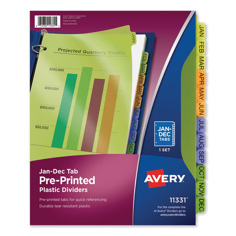 Avery Durable Preprinted Plastic Tab Dividers, 12-Tab, Jan. to Dec., 11 x 8.5, Assorted, 1 Set (AVE11331) Pack of 5